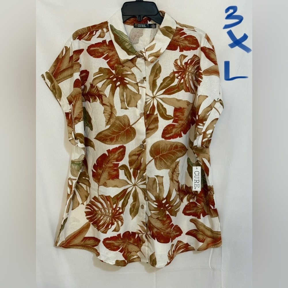 Cure Women's Leaf Print Button Down Shirt - Brown and Green